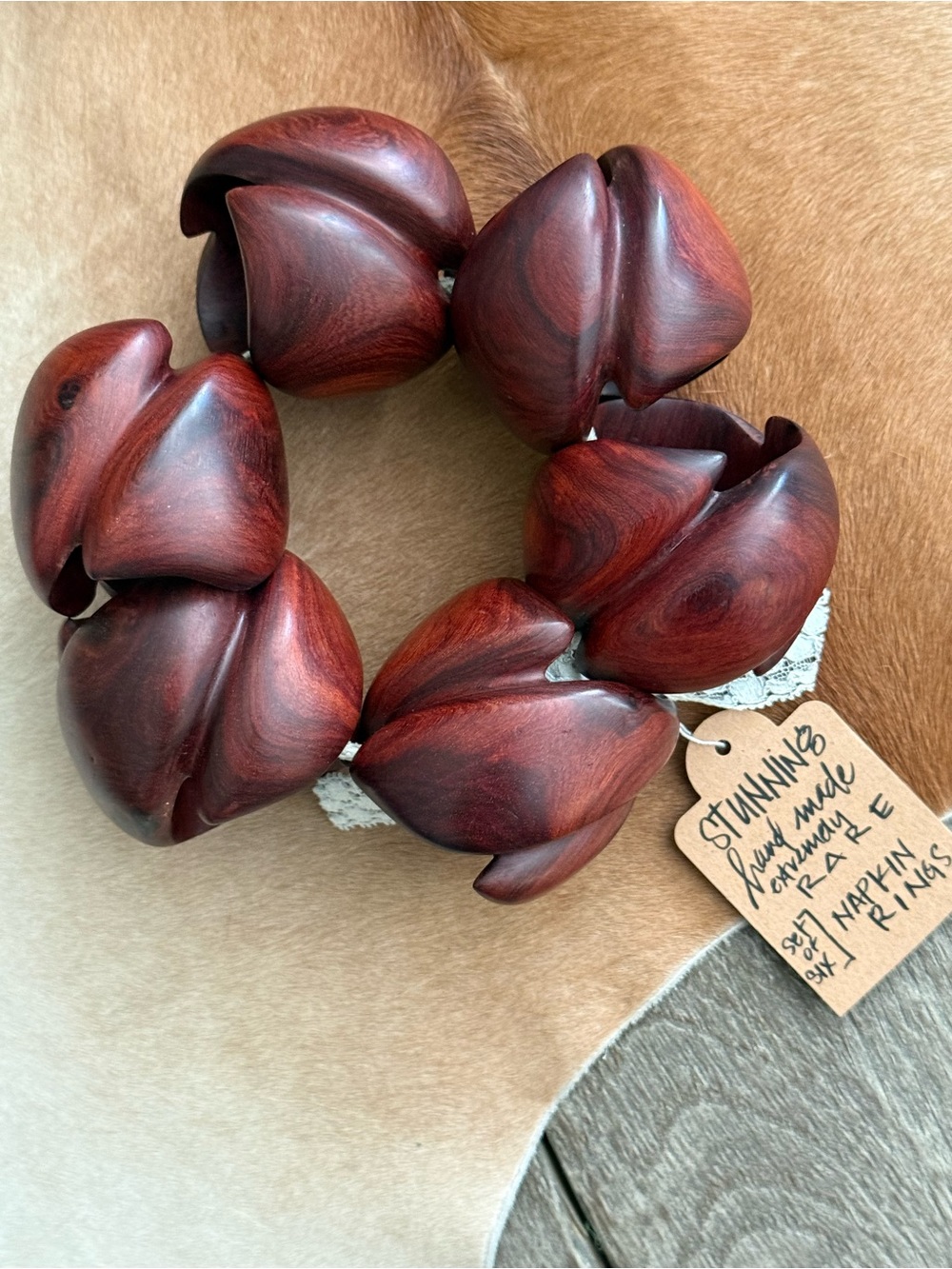 Extremely Rare Handmade Set of 6 Carved Wooden Napkin Rings - Rich Mahogany Tone